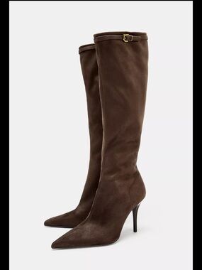 Zara Brown Pointed-Toe Over-the-Knee Stiletto Boots